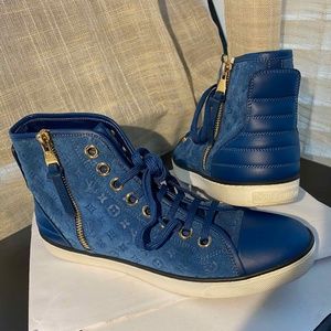 LOUIS VUITTON BLUE MONOGRAM SUEDE LEATHER HI-CUT SNEAKERS GOLD ZIPPER 36.5-6.5